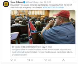 Picture of a tweet from the Texas Tribune on eliminating Confederate Heroes Day